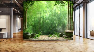 fresh and beautiful green natural background, with bamboo on both sides, and traditional Chinese medicine Wall mural