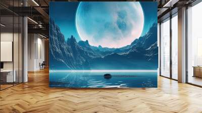 Futuristic fantasy landscape, sci-fi landscape with planet, neon light Wall mural