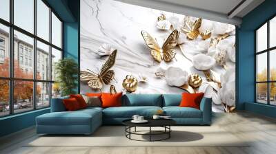 Goden butterflies with white flowers Wall mural