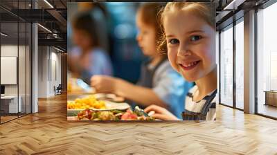 Happy child girl and other kids at buffet of cafeteria in elementary school or hotel Wall mural