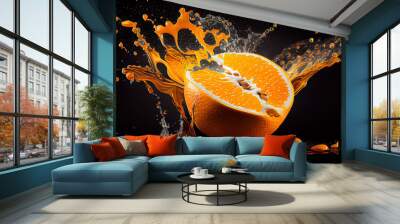 healthy organic food concept, orange fruit juice splash, ai generated Wall mural