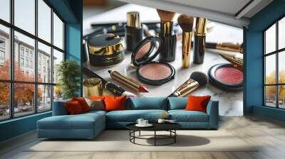 High-end makeup tools and products, elegantly displayed on tabletop, highlighting luxurious brushes, Wall mural