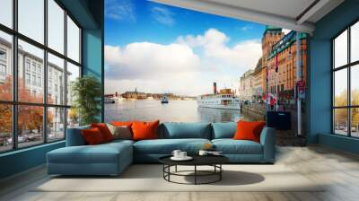 historical waterfront Nybroplan and ships of Stockholm, Sweden, retro toned Wall mural