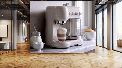 illustration of coffee machine and cups of coffee latte on counter in modern kitchen Wall mural