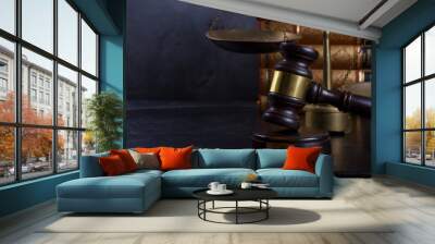 Law and justice concept - law gavel with scale and books with copy space Wall mural