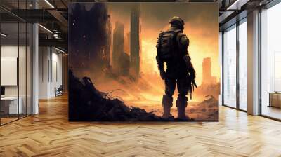 Lone soldier walking in destroyed city, war or natural disaster concept Wall mural