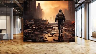 Lone soldier walking in destroyed city Wall mural