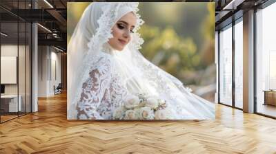 Muslim bride in a white wedding dress in a wedding Wall mural