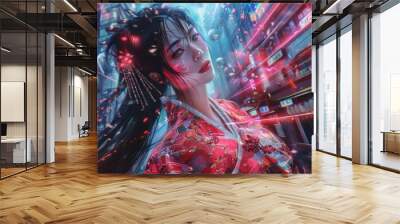 oriental cyberpunk female warrior in metal armor, futuristic, fantasy Wall mural