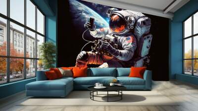 Picture of astronaut with mobile phone - man or woman in suit with helmet, copy space Wall mural