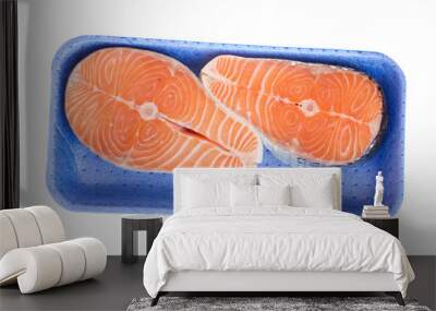 raw salmon steaks in tray  isolated on white background Wall mural