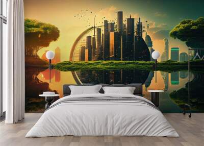 save the green planet at sunrise, green cities future skyline Wall mural