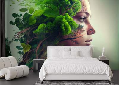 save the green planet concept with face covered with green plants from one side, illustration with double exposure, Wall mural