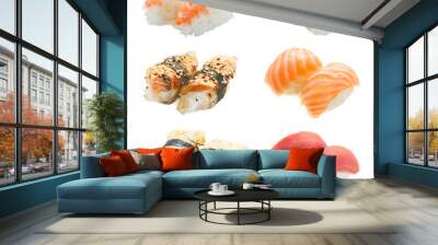 Set of japanese sushi pairs isolated on white background Wall mural