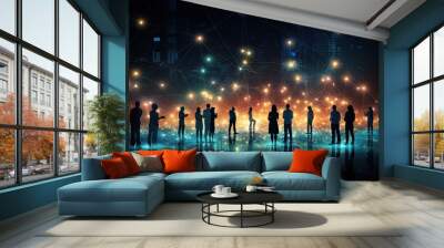 silhouetted figures connected by glowing lines on a dark blue background, concept of network or social connectivity Wall mural