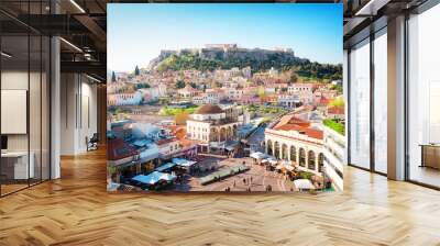 skyline of athenth with moanstiraki square and acropolis hill, athens greecer, retro toned Wall mural