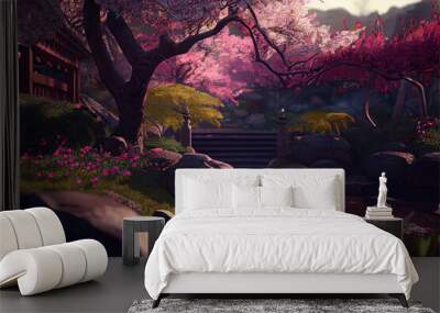 Spring oriental forest pastoral illustration, blooming flowers, path in garden and tree Wall mural