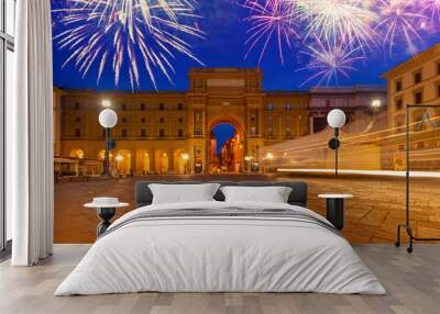 square of Republic in old town at night with fireworks, Florence, Italy Wall mural