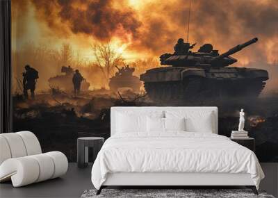 Tanks on battlefield Wall mural