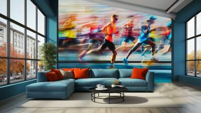 The photograph captures marathon runners in a dynamic blur, exuding energy and movement in a vibrant race scene Wall mural