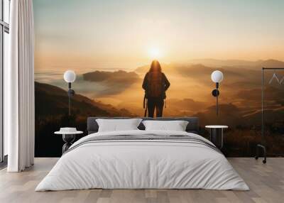 The traveler stands at a viewpoint, their silhouette framed against the expansive view Wall mural