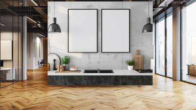 This stylish kitchen design features warm wooden accents combined with beautiful greenery elements throughout Wall mural