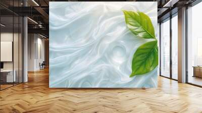 Transparent and clean white water and one green leaf background sunlight reflection, Wall mural