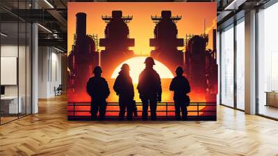 Two engineers at black oil factory at sunset, conceptual illustration, created using ai tool Wall mural