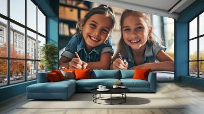 two happy children doing homework at home Wall mural