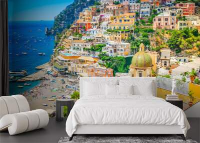 view of Positano town and beach - famous old italian resort at summer, Italy, retro toned Wall mural