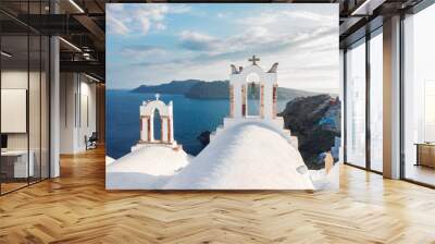 white belfries Santorini island, Greece Wall mural