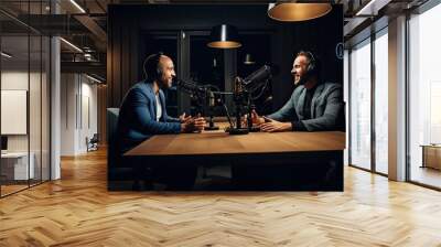 Woman and man in podcast studio Wall mural