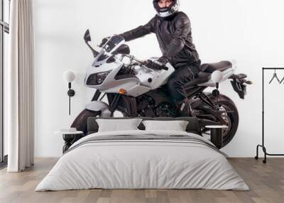 Biker in black leather jacket rides a white motorcycle Wall mural