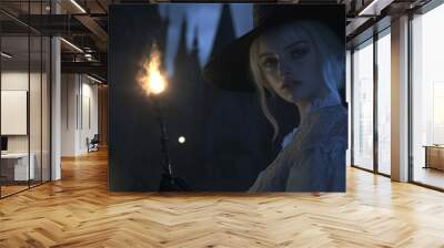 A beautiful witch wearing a gothic costume and holding a staff. The concept is mysticism, game characters, Halloween. Wall mural