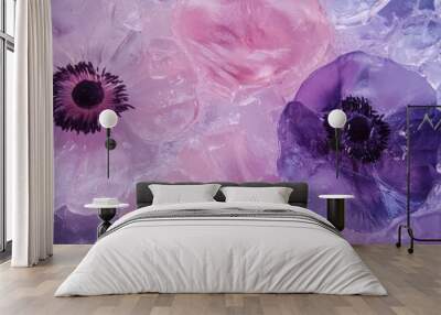 A frozen pink gerbera flower surrounded by ice in an abstract art background Wall mural