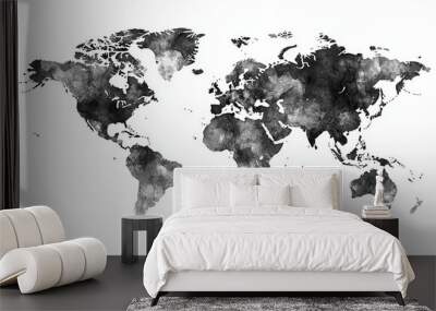 A map of the world with a black watercolor background. Wall mural