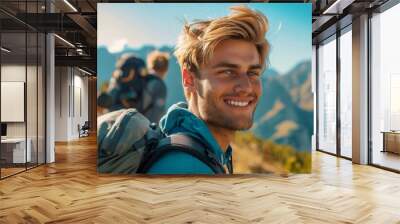 An outdoor journey in nature with a backpack in the background. Portrait of a happy person, a backpack, and friends on an outdoor journey. Male hikers with backpacks on their backs for trekking, Wall mural