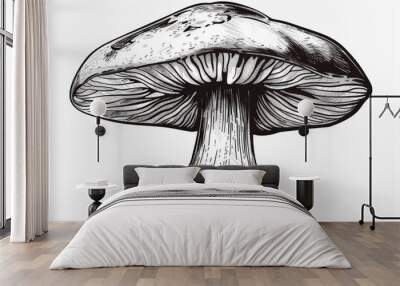 Black and white drawing or illustration of a mushroom. The background has selective focus and copy space. Wall mural