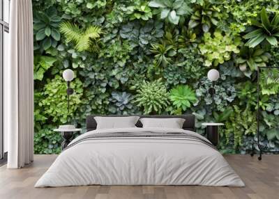 Decorative and enigmatic tropics on a forest wallpaper background, with green plants in a realism, surrealistic style. Aerial view, baroque-inspired chiaroscuro, Sony Alpha A7 III Wall mural