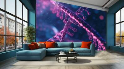 DNA genome decoding in 3D. Purple macro fantasy of a digital microscope. Illustration of a laboratory research project on molecular particles. Wall mural