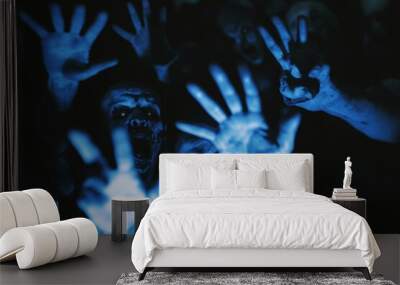 Illustration of a terrifying ghost woman moaning in the dark, on a horror background, mixed media. Wall mural