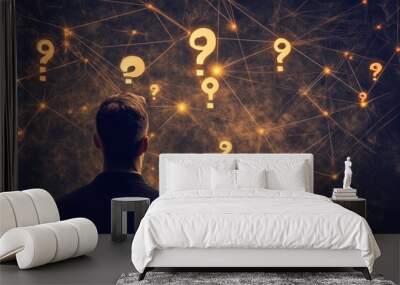 In a wireless connection scheme, a businessman is looking at question marks. Wall mural