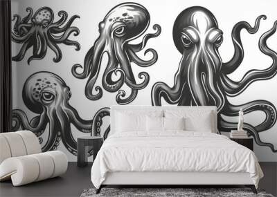 Octopus pouple devilfish isolated monochrome sketch icon. Modern vintage marine animal mollusc underwater soft-bodied creature. Vintage cuttlefish organism. Wall mural