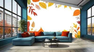 Stock illustration of a rectangle frame border with an autumnal theme, an orange, yellow, and green color scheme, and a white background Wall mural