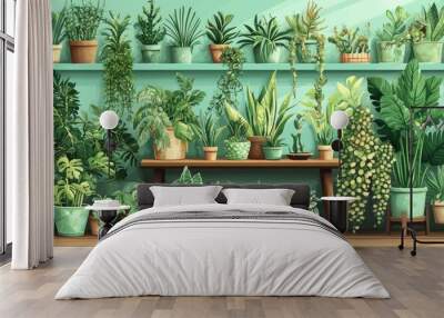 This is a stylish composition of home garden interior with a lot of nice plants, cacti, succulents and air plants arranged in different pots. The wall is covered with green paneling. Home jungle Wall mural