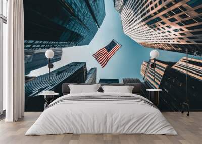 Wide shot of Wall Street with the American flag flying in the background Wall mural