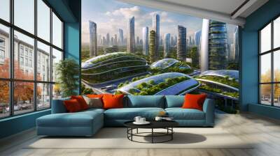 Eco friendly sustainable green city of the future, futuristic cityscape, concept based on green energy, eco industry, environmental technology, Scyscrapers with vertical gardens, clean water channels. Wall mural