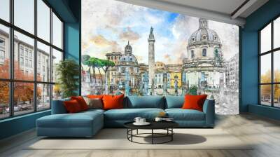 Ruins of the Roman Forum watercolor view in  Rome Wall mural