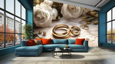 golden smooth wedding rings on background of white roses Wall mural