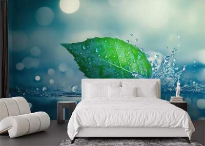 Bright green leaf splash with vibrant light effects Wall mural